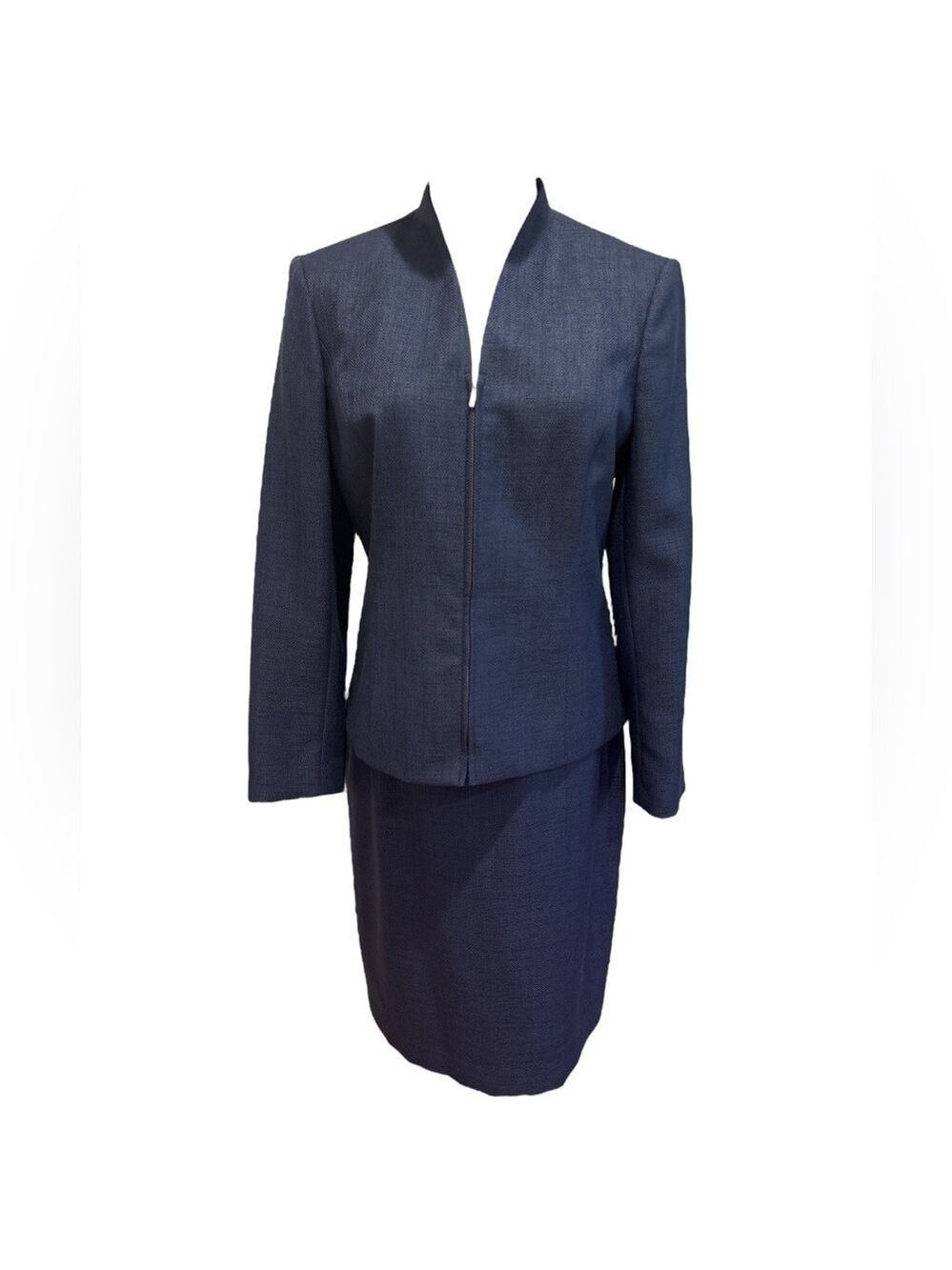 NWOT 90s 2PC BLUE WOVEN ZIP UP BLAZER & KNEE LENGTH PENCIL SKIRT POWER SUIT 8P - Picture 3 of 7